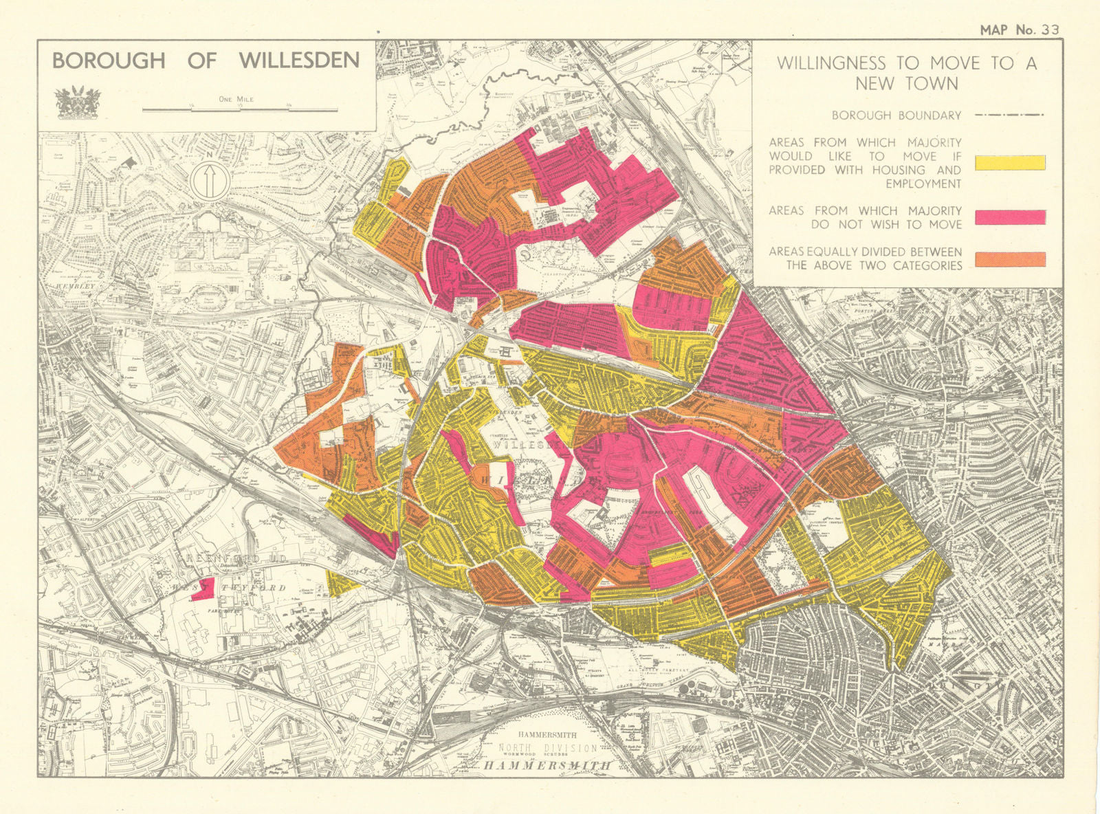 Willesden Borough. Willingness to move to a new town. Kensal Kilburn 1950 map